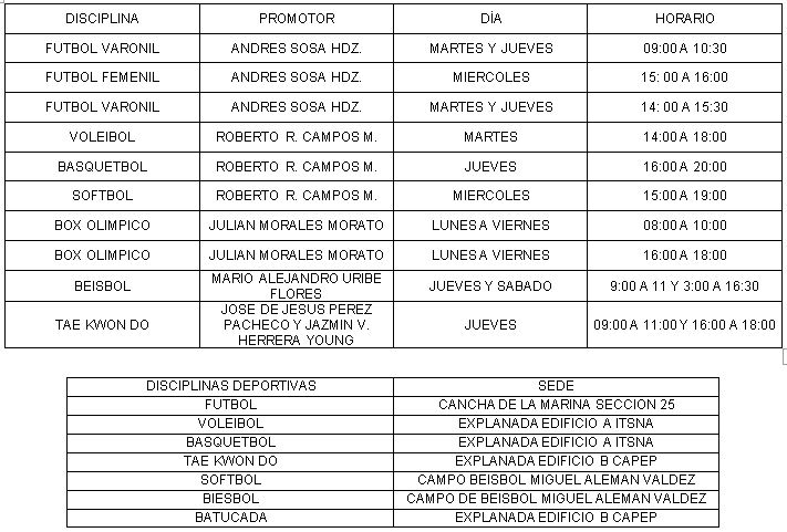 horario de achtividades deportivas itsna